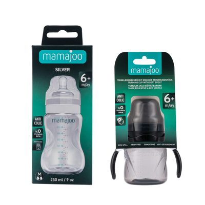 Mamajoo Kulplu Eğitici Bardak 160ml & Silver Biberon 250ml / Black