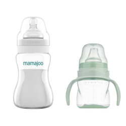Mamajoo Antikolik Biberon 250 ml & Antikolik Akıtmaz Alıştırma Bardağı 160 ml – Powder Green - Mamajoo