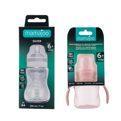 Mamajoo Kulplu Eğitici Bardak 160ml & Silver Biberon 250ml / Powder Pink