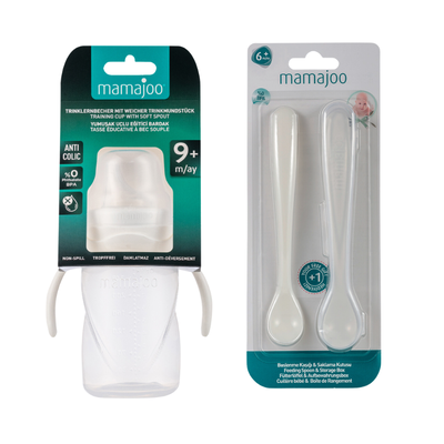 Mamajoo Kulplu Eğitici Bardak 270 ml & İkili Beslenme Kaşığı / Beyaz