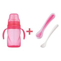 Mamajoo - Mamajoo Kulplu Eğitici Bardak 270 ml & İkili Beslenme Kaşığı / Pembe