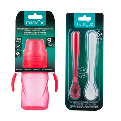 Mamajoo Kulplu Eğitici Bardak 270 ml & İkili Beslenme Kaşığı / Pembe