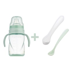 Mamajoo - Mamajoo Kulplu Eğitici Bardak 270 ml & İkili Beslenme Kaşığı / Powder Green