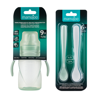 Mamajoo Kulplu Eğitici Bardak 270 ml & İkili Beslenme Kaşığı / Powder Green