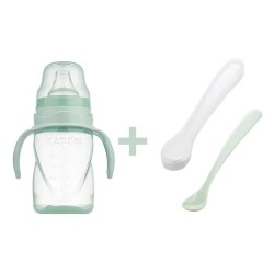 Mamajoo Kulplu Eğitici Bardak 270 ml & İkili Beslenme Kaşığı / Powder Green - 1