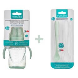 Mamajoo Antikolik Akıtmaz Alıştırma Bardağı 270 ml & İkili Ergonmik Beslenme Kaşığı - Powder Green - 2
