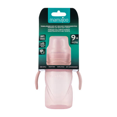 Mamajoo Kulplu Eğitici Bardak 270 ml & İkili Beslenme Kaşığı / Powder Pink