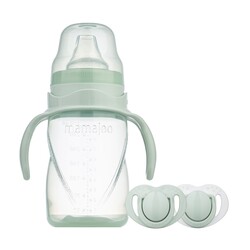 Mamajoo - Mamajoo Non Spill Training Cup Powder Green 270ml with Handle & Orthodontic Design Soother Powder Green with Sterilization&Storage Box 12+ months