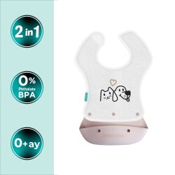 Mamajoo Silikon & Kumaş Katlanır Mama Önlüğü | 2-in-1 Powder Pink - 2