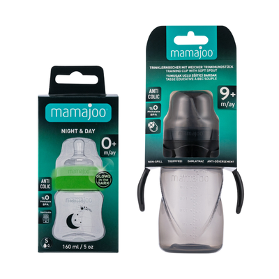 Mamajoo Nacht&Tag Babyflasche 160 ml & 2 x Trink-Lernbecher / Babyflasche Griff & 2 x Anti-Kolik Weicher Schnabel & Aufbewahrungsbox