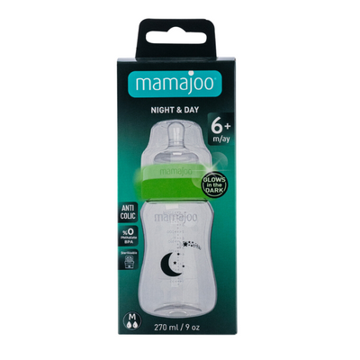 Mamajoo Nacht&Tag Babyflasche 270 ml & 2 x Trink-Lernbecher / Babyflasche Griff & 2 x Anti-Kolik Weicher Schnabel & Aufbewahrungsbox