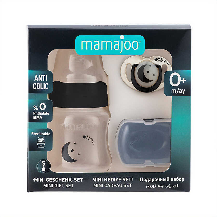Mini Gift Set Black | Anti-Colic Baby Bottle 150 Ml And Orthodontic Soother & Storage Case - Mamajoo