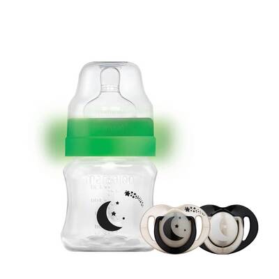Mamajoo Night & Day Feeding Bottle 160 ml & Orthodontic Design Soothers Black & Pearl with Sterilization & Storage Box / Night & Day 0+ months