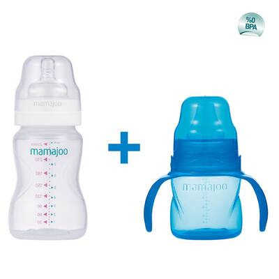 Mamajoo Non Spill Training Cup Blue 160ml with Handle & Silver Feeding Bottle 250ml