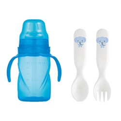 Mamajoo - Mamajoo Non Spill Training Cup Blue 270ml with Handle & Design Spoon & Fork Set Elephant