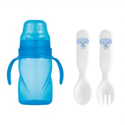 Mamajoo Non Spill Training Cup Blue 270ml with Handle & Design Spoon & Fork Set Elephant - Thumbnail