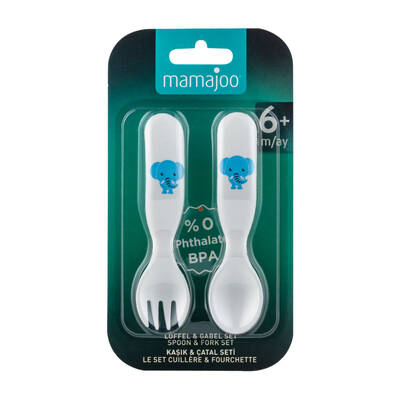 Mamajoo Non Spill Training Cup Blue 270ml with Handle & Design Spoon & Fork Set Elephant