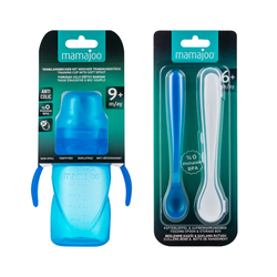 Mamajoo Non Spill Training Cup Blue 270ml with Handle & Twin Feeding Spoons Blue & Storage Box - Thumbnail