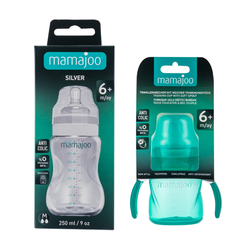 Mamajoo Non Spill Training Cup Green 160ml with Handle & Silver Feeding Bottle 250ml - Thumbnail