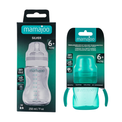 Mamajoo Non Spill Training Cup Green 160ml with Handle & Silver Feeding Bottle 250ml