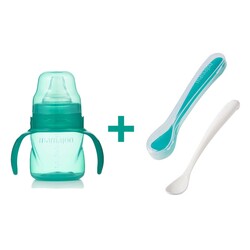 Mamajoo Non Spill Training Cup Green 160ml with Handle & Twin Feeding Spoons Green & Storage Box - Thumbnail