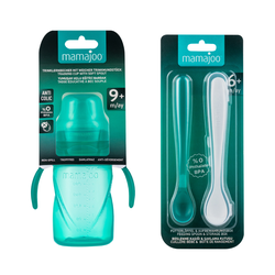 Mamajoo Non Spill Training Cup Green 270ml with Handle & Mamajoo Twin Feeding Spoons Green & Storage Box - Thumbnail