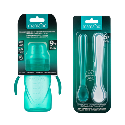 Mamajoo Non Spill Training Cup Green 270ml with Handle & Mamajoo Twin Feeding Spoons Green & Storage Box