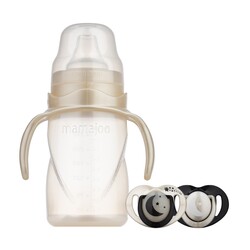 Mamajoo - Mamajoo Non Spill Training Cup Pearl 270ml with Handle & Orthodontic Design Soothers Black & Pearl with Sterilization & Storage Box / Night & Day 12+ months