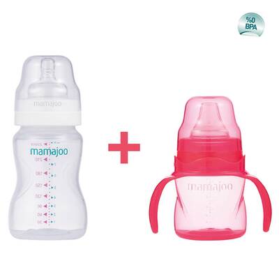 Mamajoo Non Spill Training Cup Pink 160ml with Handle & Silver Feeding Bottle 250ml