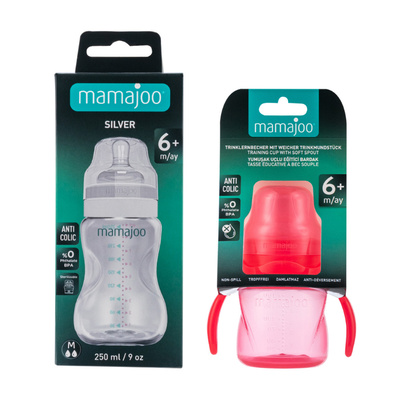 Mamajoo Non Spill Training Cup Pink 160ml with Handle & Silver Feeding Bottle 250ml
