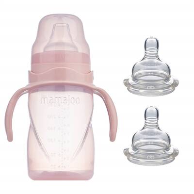Mamajoo Non Spill Training Cup Pink 270ml with Handle & Anticolic Bottle Teat Thicker Flow & Storage Box