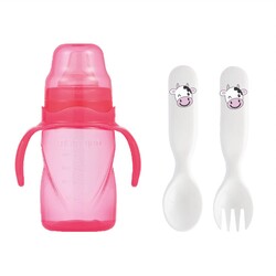  - Mamajoo Non Spill Training Cup Pink 270ml with Handle & Design Spoon & Fork Set Cow