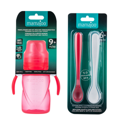 Mamajoo Non Spill Training Cup Pink 270ml with Handle & Twin Feeding Spoons Pink & Storage Box - Thumbnail