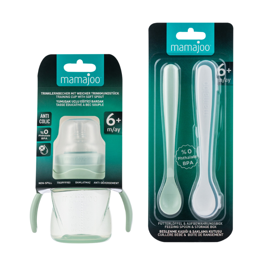 Mamajoo Non Spill Training Cup Powder Green 160ml with Handle & Twin Feeding Spoons Powder Green & Storage Box - Mamajoo
