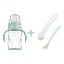 Mamajoo Non Spill Training Cup Powder Green 270ml with Handle & Twin Feeding Spoons Powder Green & Storage Box - Thumbnail