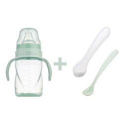  - Mamajoo Non Spill Training Cup Powder Green 270ml with Handle & Twin Feeding Spoons Powder Green & Storage Box