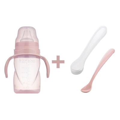 Mamajoo Non Spill Training Cup Powder Pink 270ml with Handle & Twin Feeding Spoons Powder Pink & Storage Box