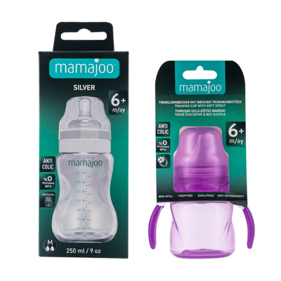 Mamajoo Non Spill Training Cup Purple 160ml with Handle & Silver Feeding Bottle 250ml