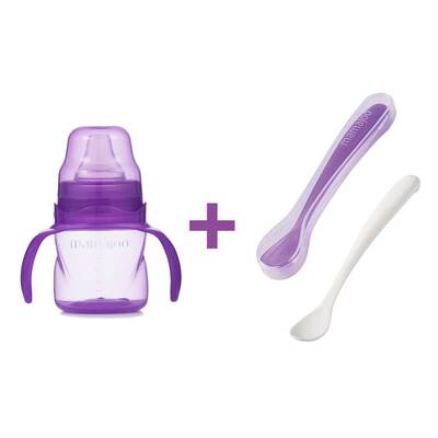 Mamajoo Non Spill Training Cup Blue Purple 160ml with Handle & Twin Feeding Spoons Purple & Storage Box