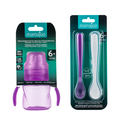 Mamajoo Non Spill Training Cup Blue Purple 160ml with Handle & Twin Feeding Spoons Purple & Storage Box - Thumbnail