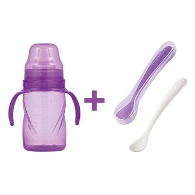 Mamajoo Non Spill Training Cup Purple 270ml with Handle & Mamajoo Twin Feeding Spoons Purple & Storage Box