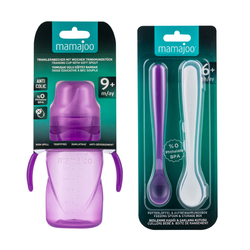 Mamajoo Non Spill Training Cup Purple 270ml with Handle & Mamajoo Twin Feeding Spoons Purple & Storage Box - Thumbnail