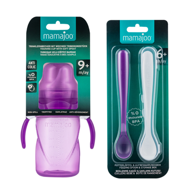 Mamajoo Non Spill Training Cup Purple 270ml with Handle & Mamajoo Twin Feeding Spoons Purple & Storage Box