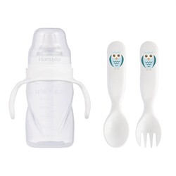 Mamajoo - Mamajoo Non Spill Training Cup White 270ml with Handle & Design Spoon & Fork Set Owl