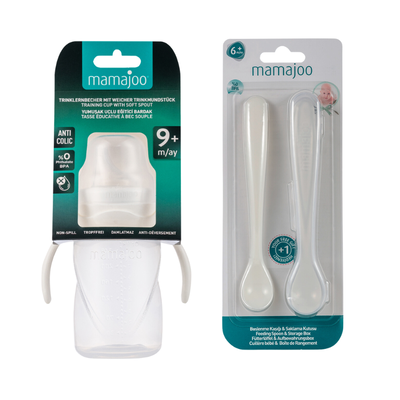 Mamajoo Non Spill Transparent Training Cup with Handle 270 ml & Twin Feeding Spoons White & Storage Box