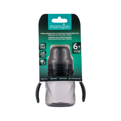 Mamajoo Nacht&Tag Babyflasche 270 ml & kieferorthopädische Design Schnuller 6+ Monate & Auslaufsichere Trink-Lernbecher Schwarz 160ml mit Griff 