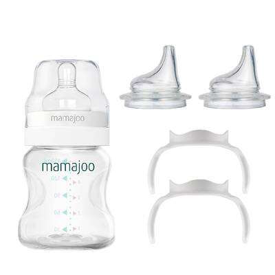 Mamajoo Silber Babyflasche 150 ml & 2 x Anti-Kolik Weicher Schnabel & Aufbewahrungsbox & 2 x Trink-Lernbecher / Babyflasche Griff 