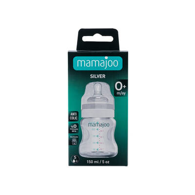 Mamajoo Silber Babyflasche 150 ml & 2 x Anti-Kolik Weicher Schnabel & Aufbewahrungsbox & 2 x Trink-Lernbecher / Babyflasche Griff 