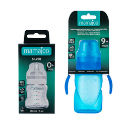 Mamajoo Silber Babyflasche 150 ml & Auslaufsichere Trink-Lernbecher Blau 270ml mit Griff & Anti-Kolik Weicher Schnabel - Thumbnail
