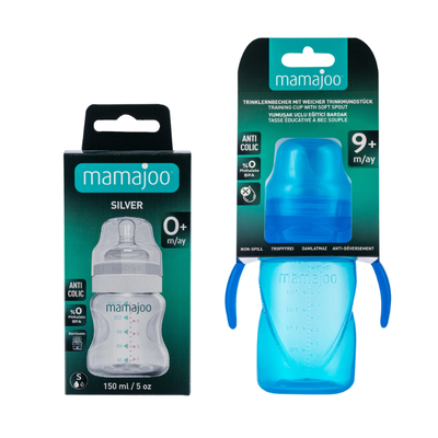 Mamajoo Silber Babyflasche 150 ml & Auslaufsichere Trink-Lernbecher Blau 270ml mit Griff & Anti-Kolik Weicher Schnabel